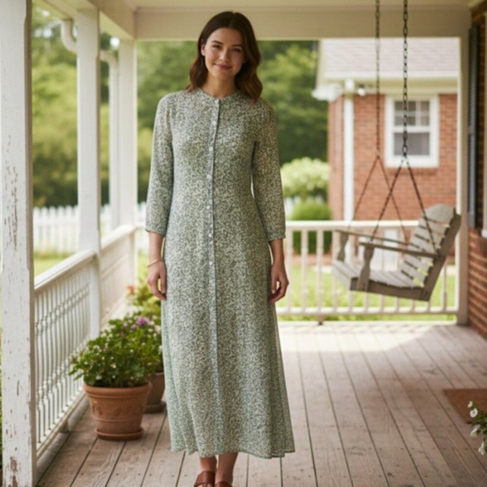 Roller Rabbit Green Print Button Down 3/4 Sleeve Cotton Maxi Dress Size Small